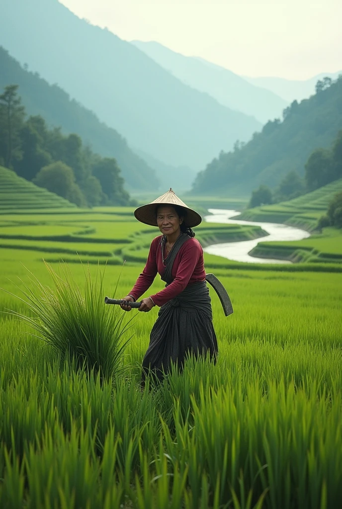woman cotting grass in eastern nepal