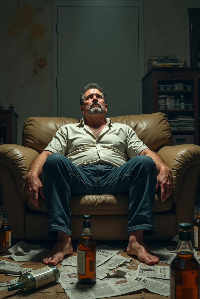 A white man in his 40s, athletic to thin build, sitting drunk on a dirty couch with empty liquor bottles around a dirty apartment with newspaper reports of crimes thrown on the floor.