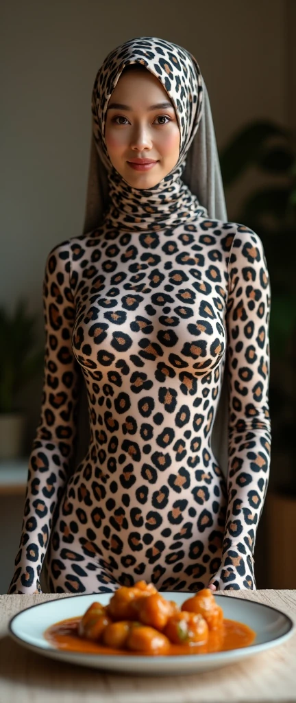 The most beautiful,thin,most pretty and clever Asian muslimah adult girl wears clouded leopard print lycra turtleneck unitard catsuit covered with spots.She always wear clouded leopard print lycra dancewear stretchy square hijab covered with many spots.She is smelling a curry chicken on the table.