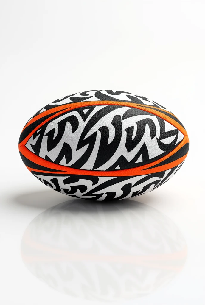Create rugby ball design white black orange colour with maori pattern at line white background