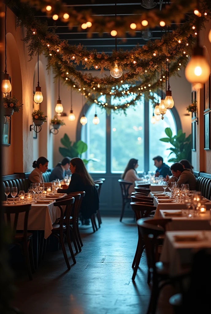 Restaurant in white and blue tones, Photo, comfortable, dark atmosphere, Garlands