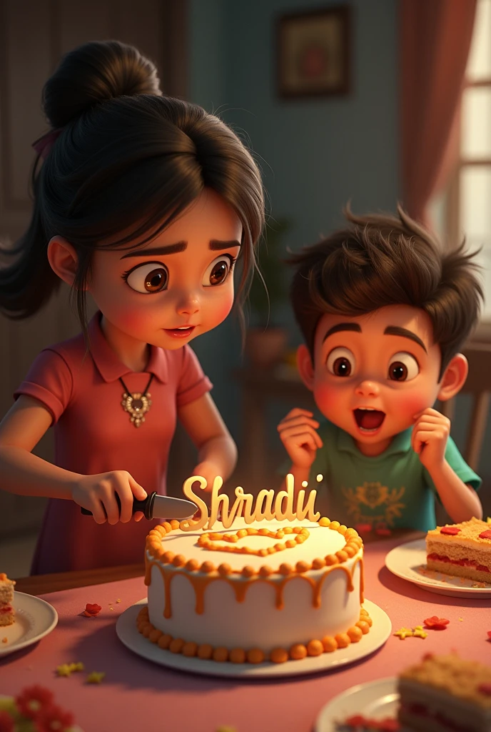 A girl cutting the cake
Name on cake Shraddii
Boy eating cake 
