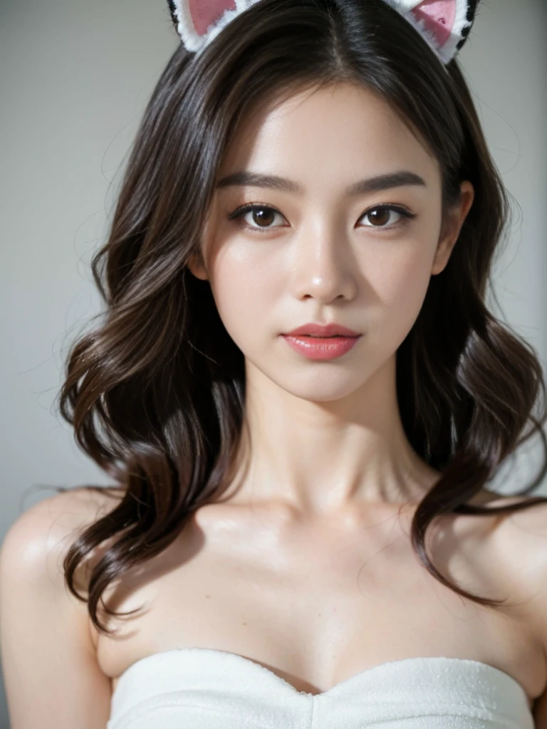 (top-quality、hight resolution、8k、​masterpiece:1.2)、(Beauty 1 person、Adult face、A detailed face)、(large full breasts、Slender abs、Brown hair)、(Upper body portrait、Focus on face)、Black rubber bikini、simple background、Looking at the camera