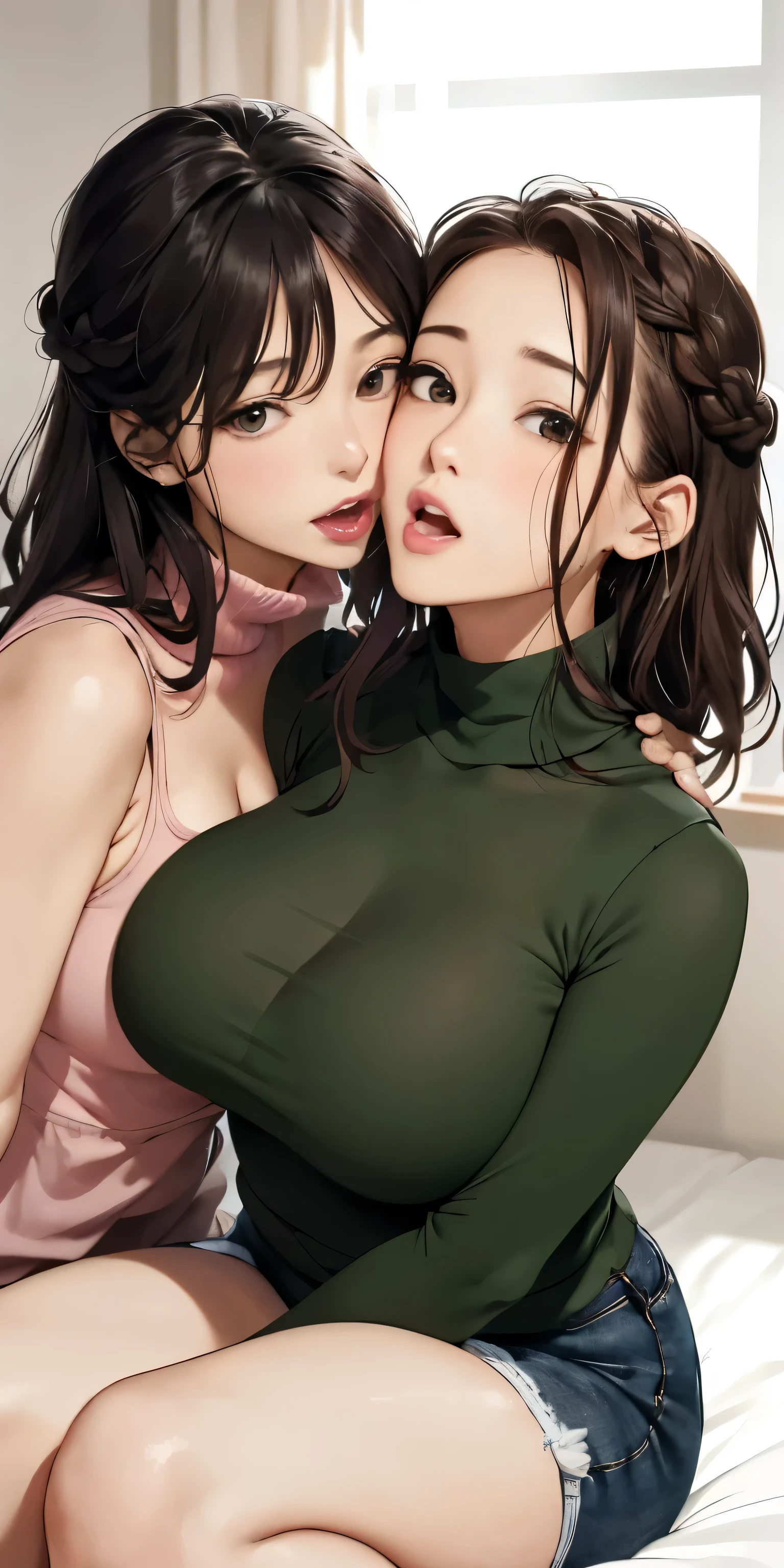 (My face is wet with milk)、Background bedroom、See through、((Squat))(Open mouth cum face)、Braided hair、Cute face painting、Realistically、(Two 2 women hugging each other, Emphasize cleavage)、He is wearing a beige and yellow sleeveless turtleneck T-shirt,,Big Breasts,Emphasize cleavageする,Looking up from below,blush,moist pink lips,sexy,Own,Please open your mouth wide、Place your arms behind your head、Wear underwear