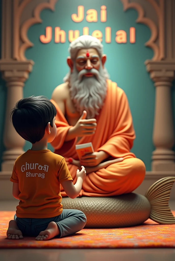 create a 3D realistic picture "A boy is worshiping sindhi's comments Jhulelal bhagwan and Jhulelal bhagwan is Seated on a fish and He is holding a book with 2 hand and has a serene, benevolent expression. and "chirag" is written on the boy's t-shirts and the boy is worshiping and in the background "Jai jhulelal" is written in bold font clearly, make sure everything should be correct