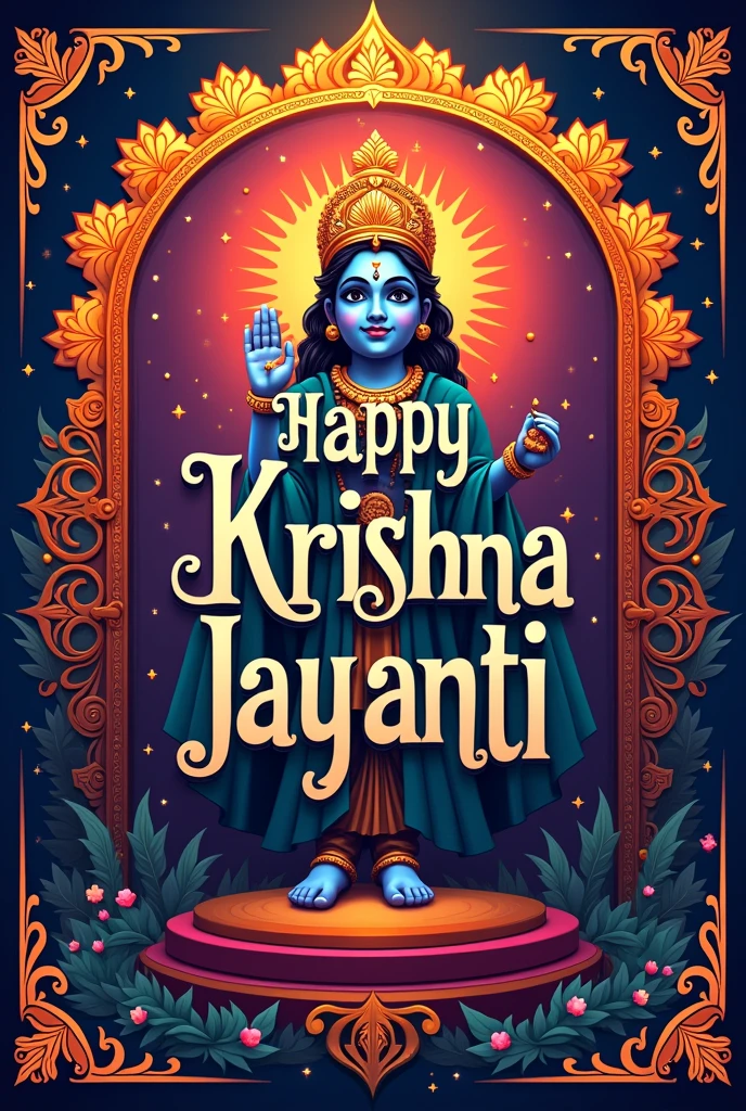 Generate a image.Middle part should contain the wish happy Krishna jayanthi and around it 4 the letters "S", "T","A","K". Make it beautiful. Use Only 4 LETTERS and use each letter only once.