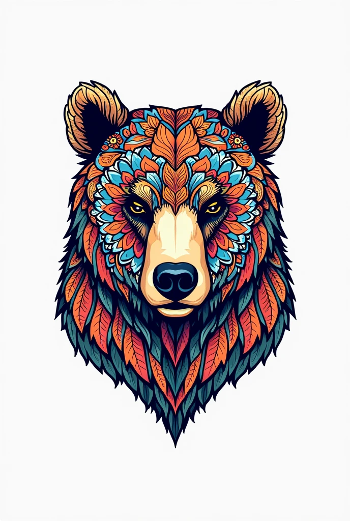 Painting pages for adults。Mandala pattern。Drawn with thick lines、Few details、No shading。It is colorfully painted。Impressive and colorful picture pages designed for adults with white background, A majestic bear head depicted in a mandala style. The bears are decorated with intricate patterns, including flowers and geometric shapes., A fascinating and detailed work of art. The figure focuses on crisp, Clean lines and bold outlines, No shading or color, Allowing users to bring their own unique vibrancy to their creations. Minimalist design, Thick lines and lack of background detail, Calm your mind、Soothing, colorful and gentle drawing pages for adults seeking creative activity. figure