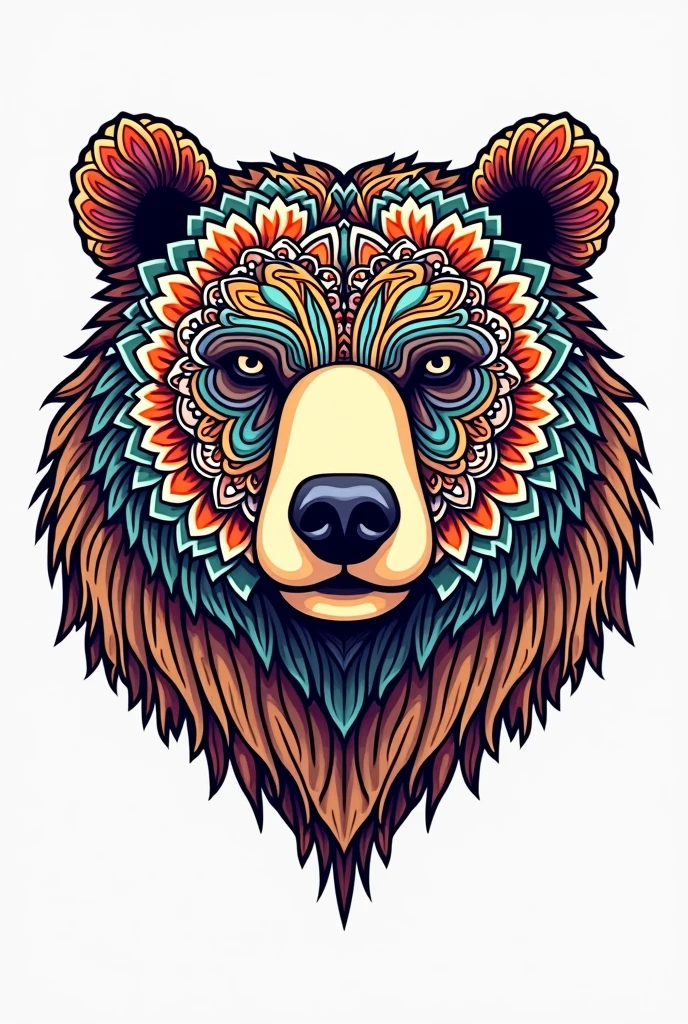 Painting pages for adults。Mandala pattern。Drawn with thick lines、Few details、No shading。It is colorfully painted。Impressive and colorful picture pages designed for adults with white background, A majestic bear head depicted in a mandala style. The bears are decorated with intricate patterns, including flowers and geometric shapes., A fascinating and detailed work of art. The figure focuses on crisp, Clean lines and bold outlines, No shading or color, Allowing users to bring their own unique vibrancy to their creations. Minimalist design, Thick lines and lack of background detail, Calm your mind、Soothing, colorful and gentle drawing pages for adults seeking creative activity. figure