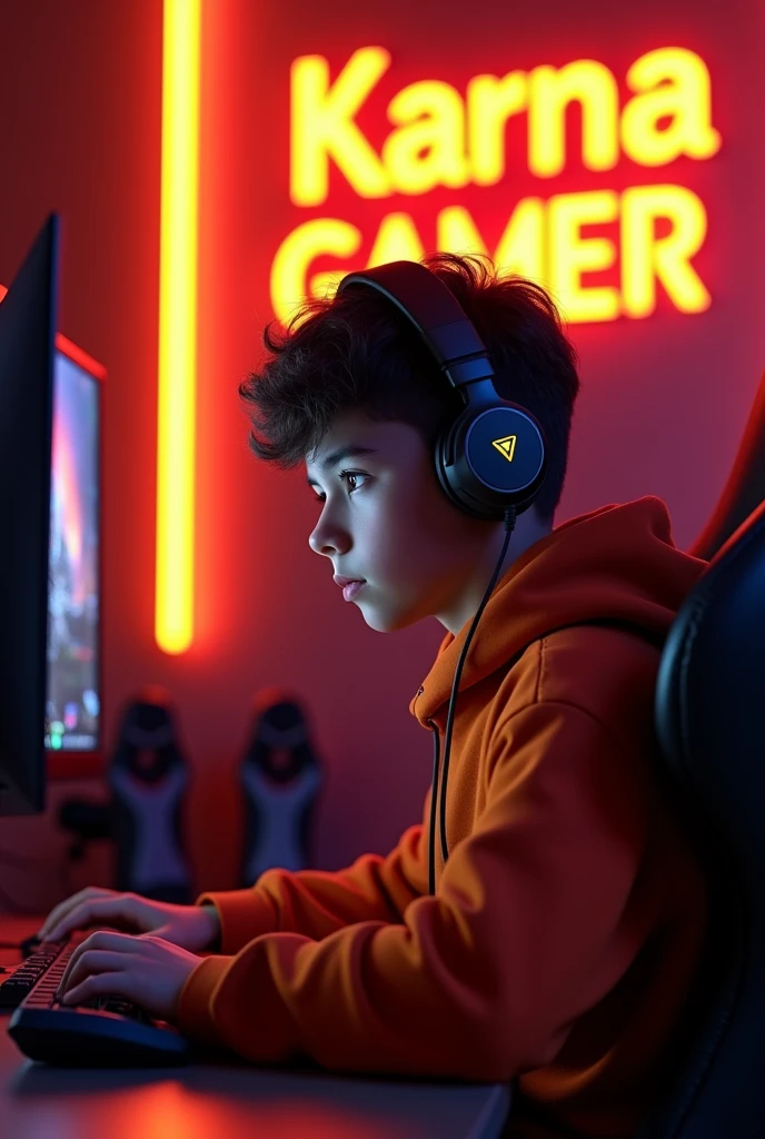 Create A 3D Realistic image of a Boy sitting in gaming room on gaming chair and playing on Free Fire application on his pc. The boy must wear dark orang hoodie headphones And his name "Karna Gamer" is Written on the wall with orange colour neon light.