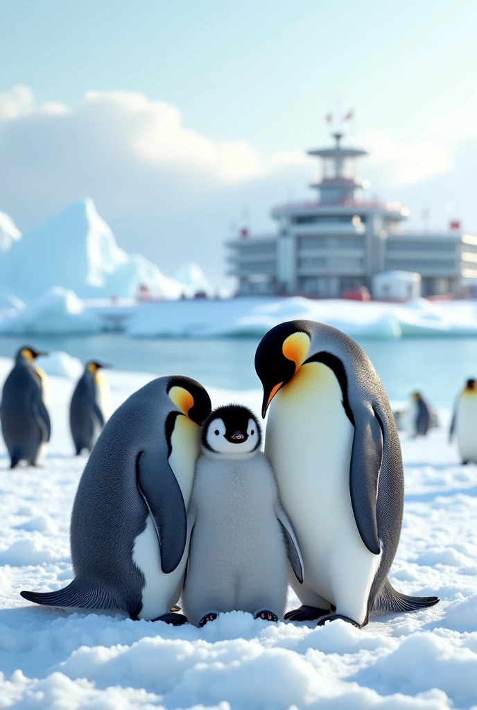 Antarctica nice penguine family 
thumbnail with resarch station with some man white cintinent amundson resarch centre
