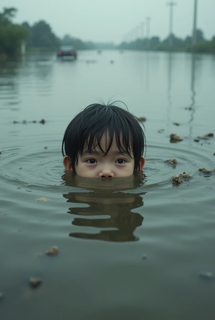 There is only water and water around. It is an innocent child of . Only his head can be seen. His body is under water. Flood water is all around. Bangladesh 