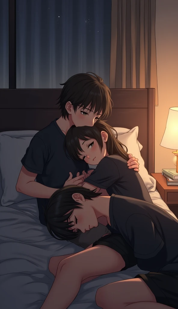 Anime version In a softly illuminated bedroom, a 2 boy and a girl, both dressed in matching black shirts, share an intimate moment that exudes warmth and affection. The girl lies comfortably on the neatly made bed, her hair cascading around her head like a soft halo, her black shirt slightly creased from her relaxed posture. She holds the boy close to her, one arm wrapped securely around him, her fingers gently brushing through his hair.
The boy, nestled into her embrace, rests his head against her chest, his eyes softly closed as he takes in the steady rhythm of her breathing. His black shirt clings to his frame, and the soft light from the nearby bedside lamp casts a gentle, golden hue over their bodies, highlighting the serene expressions on their faces. The air between them feels charged with quiet understanding, the world outside fading into insignificance as they find solace in each other’s presence.
The room itself is simple but comforting—white sheets neatly tucked under them, a few scattered books on the bedside table, and dim curtains swaying gently as a breeze whispers through a slightly cracked window. The soft hum of the night outside enhances the stillness inside, wrapping the couple in a cocoon of intimacy, where words are unnecessary, and only the warmth of their embrace speaks volumes.