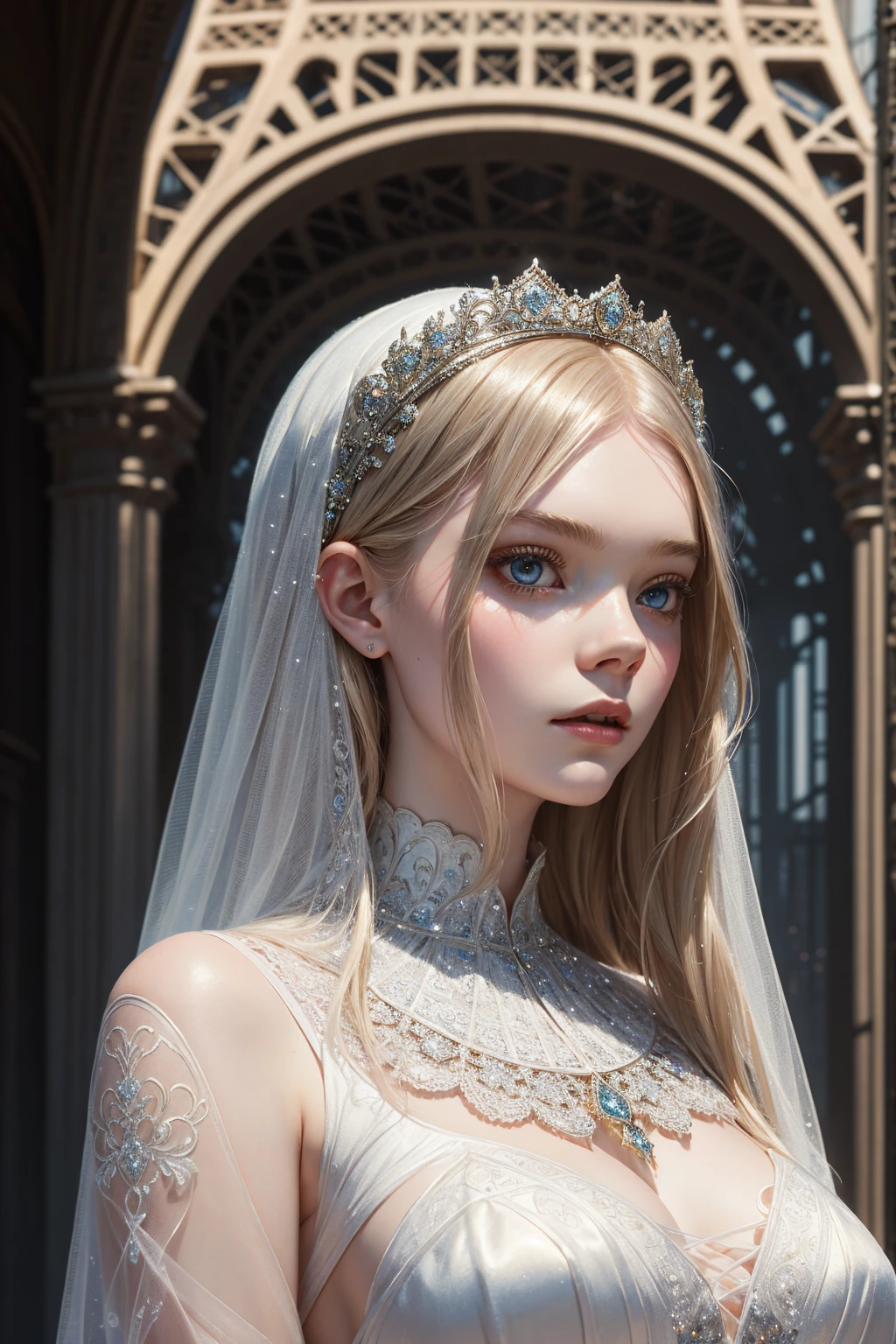 portrait Elle Fanning, wearing sexy veil bride silver outfit, against the background of the Eiffel Tower, 9 9 9 9 s, curly hair, intricate, elegant, highly detailed, digital painting, artstation, concept art, smooth, sharp focus, illustration, art by thomas kindkade, charlie bowater, artgerm, greg rutkowski, alphonse mucha and alexandra fomina, 36k, glittering, shining