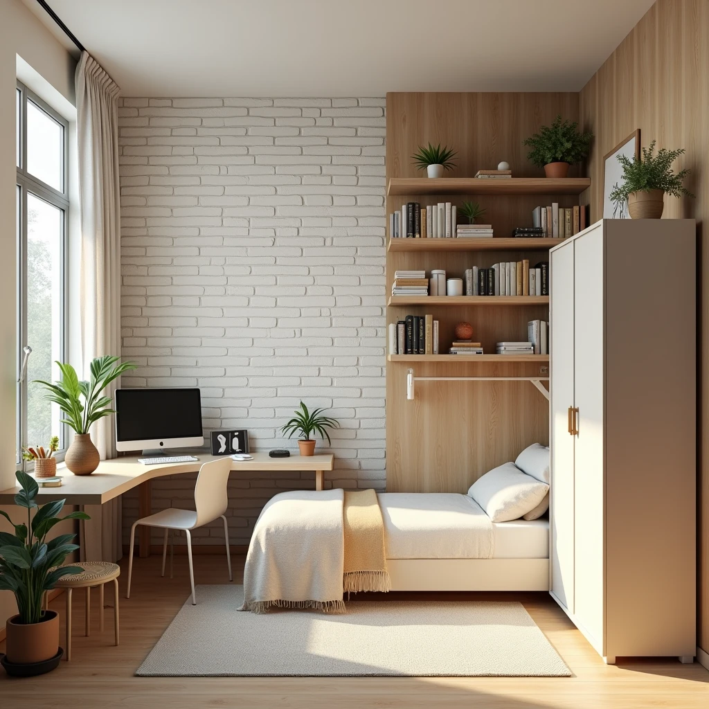 Small modern girl room. Decorative wall in white 19th century brick. Decorative wall of rustic board , single bed, homework desk, two-door wardrobe, bookcase, office chair, computer, monitor, school supplies.
Style: modern, photo-realism, minimalism. 
