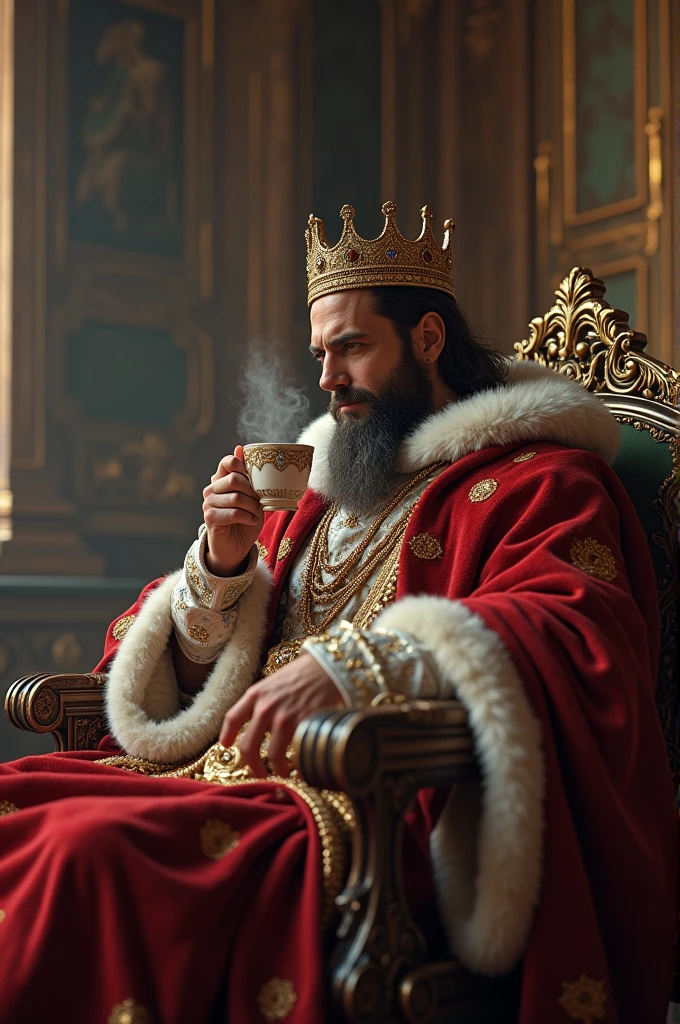 A king with coffee in his hands sitting in a mansion