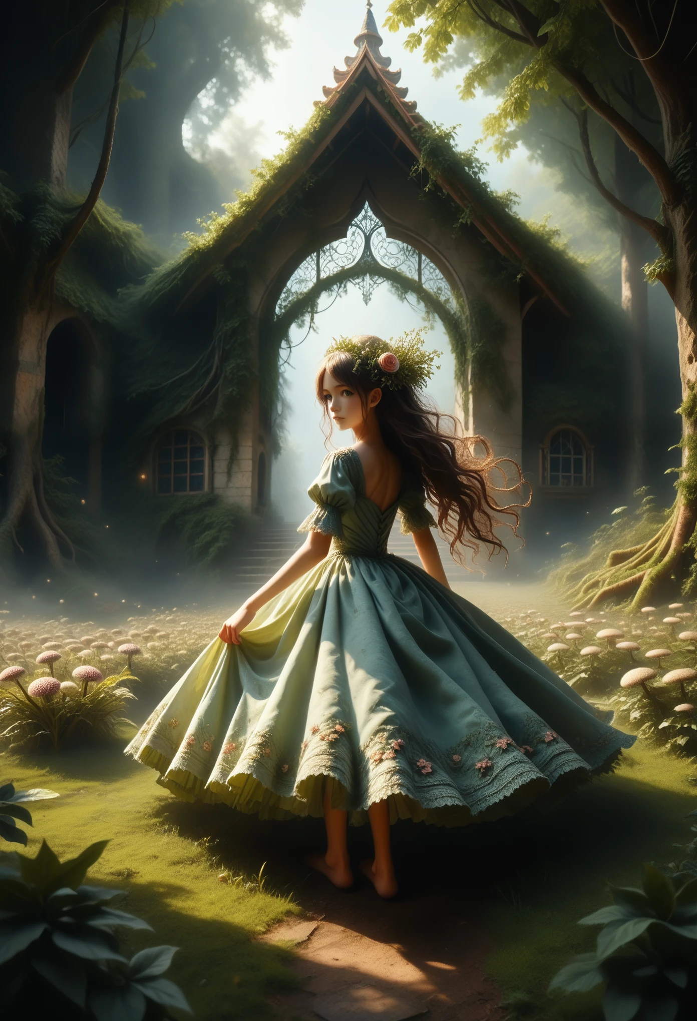  Anime Girl Looks at Viewer, sexy, fitting dress, sparkles, long hair, beautiful, Stands Pressed Against the Wall Near the House, Moss and mushrooms grow nearby, small flower beds, Vines around the house, masterpiece, clear detail, Full Picture Captivating Attention,cinematic film still,score_9,score_8_up,score_7_up,dramatic lighting,highly detailed,high budget,bokeh,cinemascope,moody,epic,gorgeous,film grain,grainy,masterpiece,best quality,perfect anatomy,very aesthetic,official art,8k,