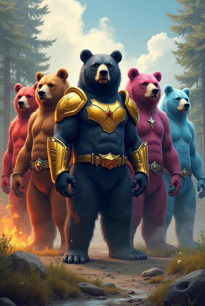 masterpiece , 8k , realphoto , "The 'Bears Five' consists of five grizzly bears. The Bears Five are heroes who protect the natural world from evil. Red Bear is the leader and wields the power of fire, incinerating enemies. Blue Bear has the power of ice, freezing everything in its path. Yellow Bear, with its massive frame, boasts an attack power that is unmatched by any force. Black Bear is a master swordsman, capable of slicing through anything. Pink Bear, the charm expert, mesmerizes any foe. ,break , With the call to 'transform,' they don their armored suits and face off against powerful enemies."