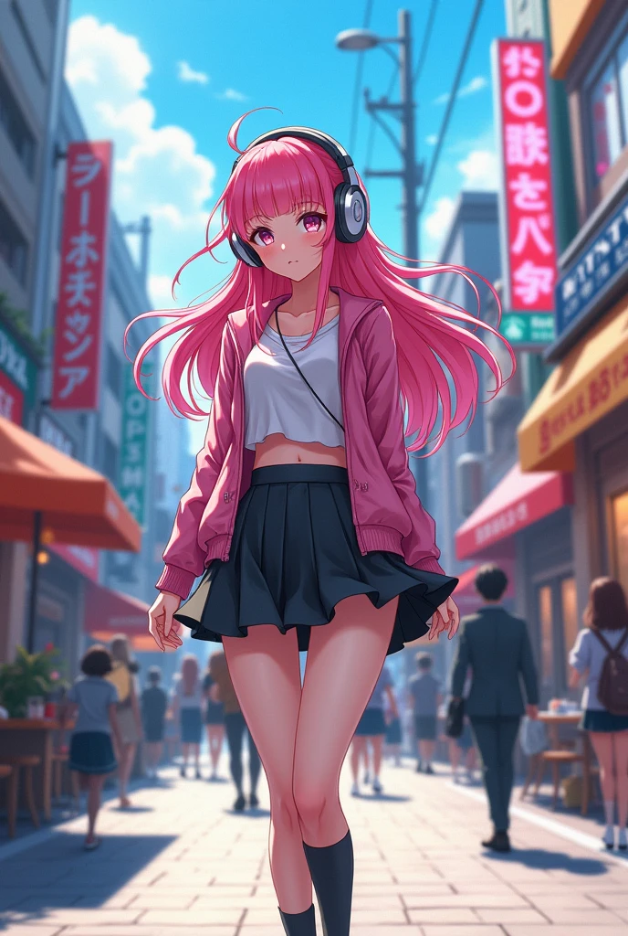 Anime girl with pink hair and headphones walking down the street generative ai