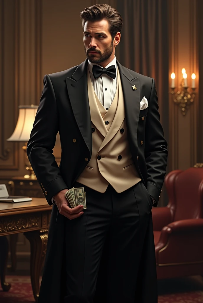 A rich man wearing coat and pant with money