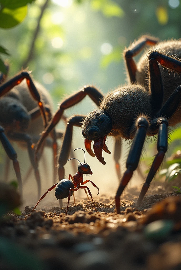 An ant fighting a horde of tarantulas