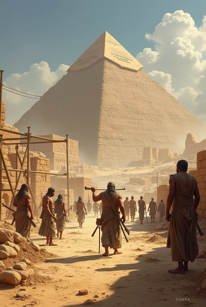 Skilled workers and farmers building the pyramid of Giza 