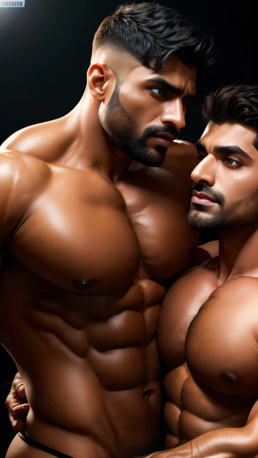 Gay couple doing body play, Pehlwan man Indian Gurjar 40 years old man doing body play, big shinning eyes big lips wide jawline beautiful hunk face spiky black hairstyle, oiled body, hot body playing poses, sucking, erotic, exotic,, hd, hdr, D750F nikon, Cinematic