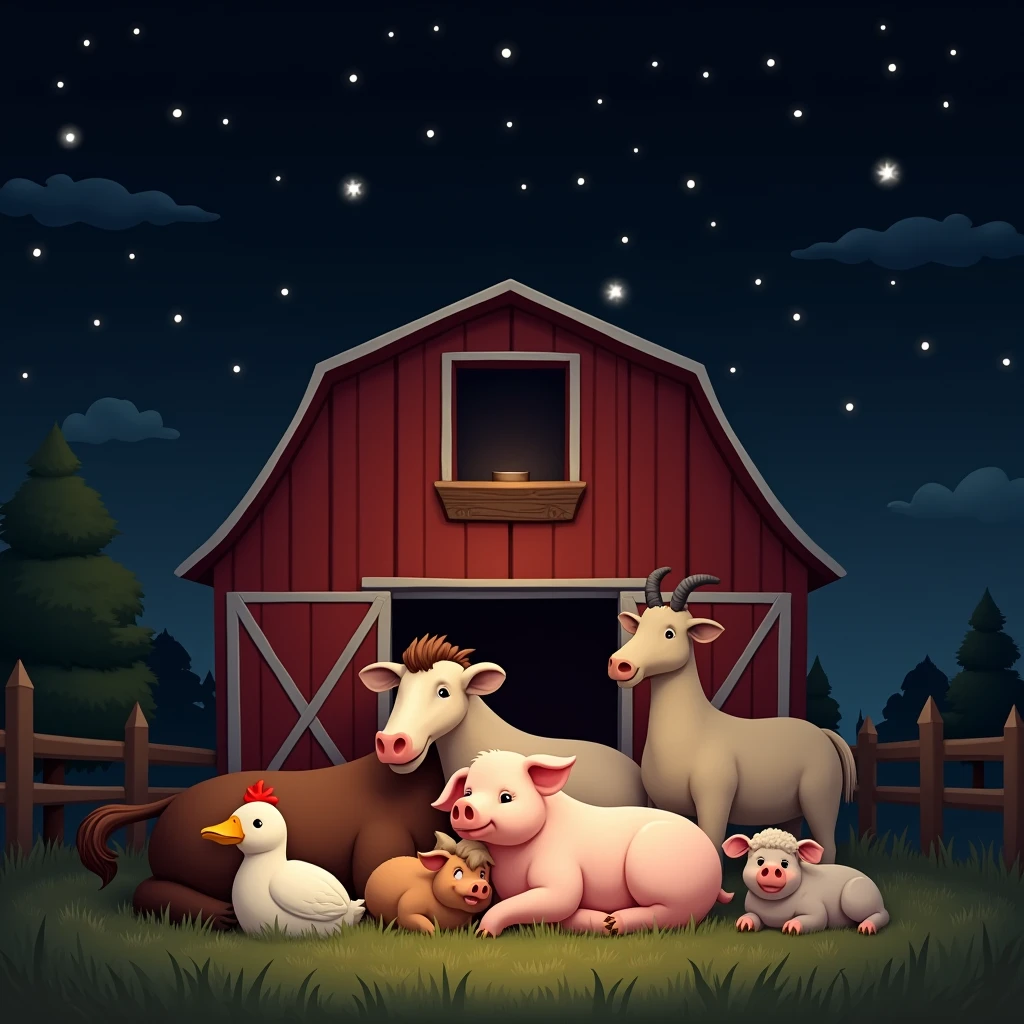 stars twinkled bright in the night sky, horse, cow, chicken, duck, pig, sheep and goat snuggled, big red barn