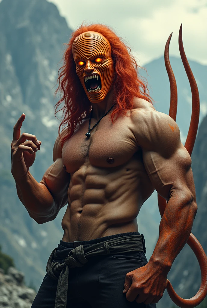 A man, bodybuilder,long red hair,Face wearing a mask,mask have line to corner circling and right eye side hole stop lining ,wear a mask then one eye show only ,mask colour orange , danger teeth, long vampire teeth, orange eyes ,stand on front of mountain , background sky , seen a sky ,shouting pose ,hand is a back side , have three long tail , magical and fearless,doing hand magic