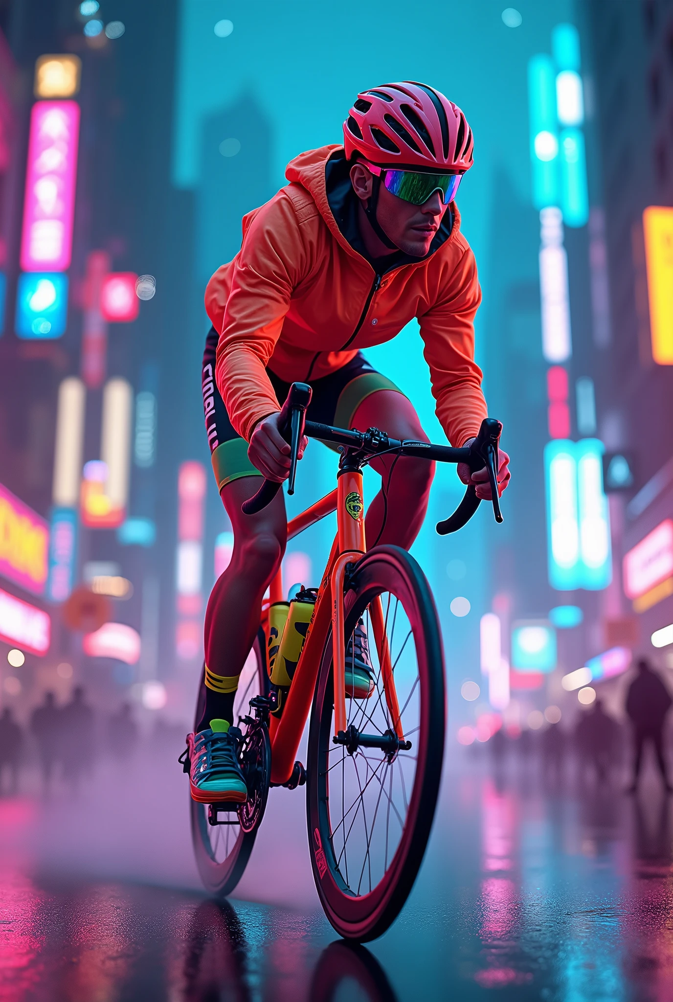 A rider riding bike with all his bike costumes in neon city