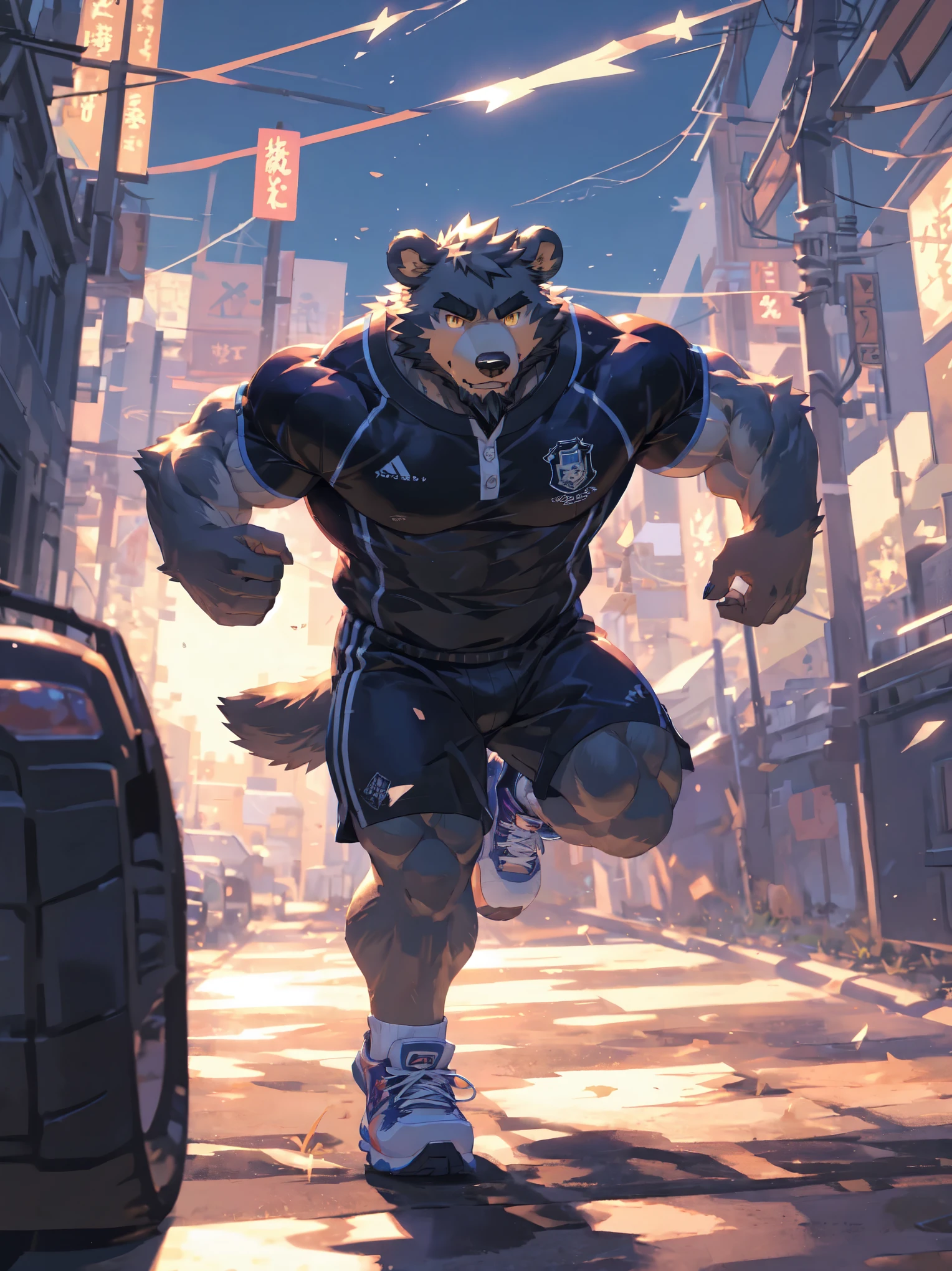 (masterpiece:1.2), best quality,pixiv,official art,perfect anatomy, (Ray tracing, light),solo, (1_male:1.3) , (muscle), (grey fur:1.4), (muscle bear), (beard:1.2), (gleaming golden eyes), bear tail, full body, Thick black eyebrows,tight clothing, sport clothes, sneakers, running