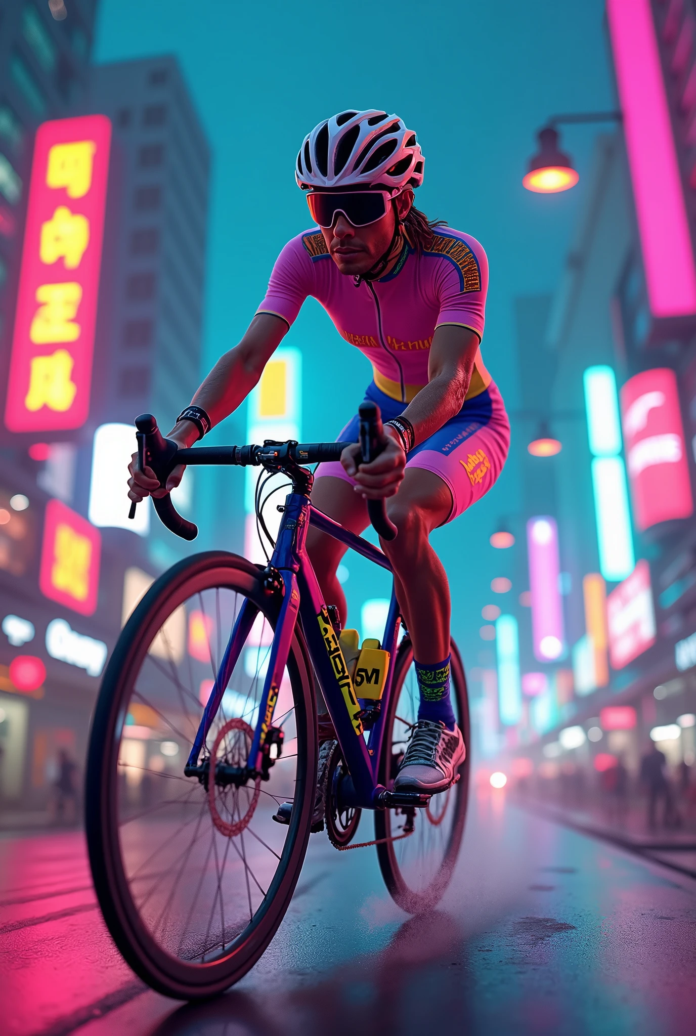 A rider riding bike with all his bike costumes in neon city
