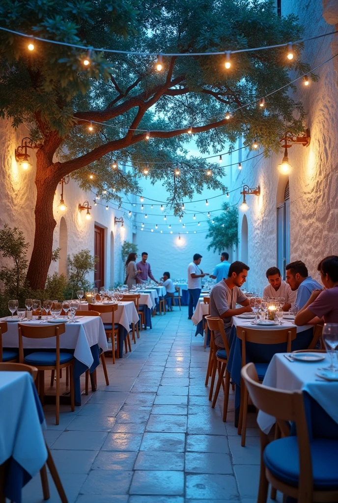 Restaurant in white and blue tones, Photo, comfortable, dark atmosphere, Garlands, Many colors