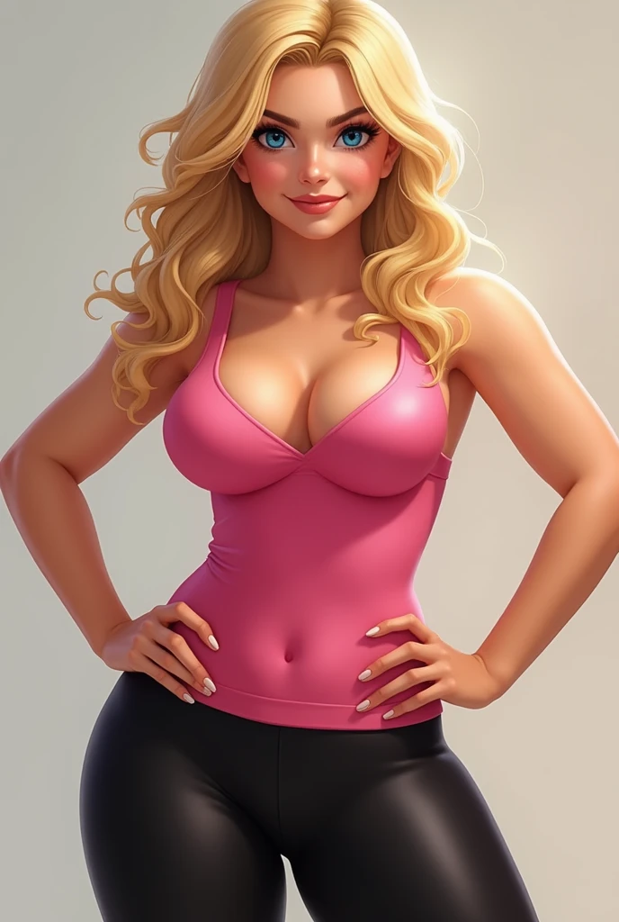 Beautiful girl with large breasts smiling, standing with hands on hips. She is wearing black leggings and a pink tank top, with cleavage showing. She has blue eyes and blonde hair. The tank top is form-fitting and accentuating the wearer's curves