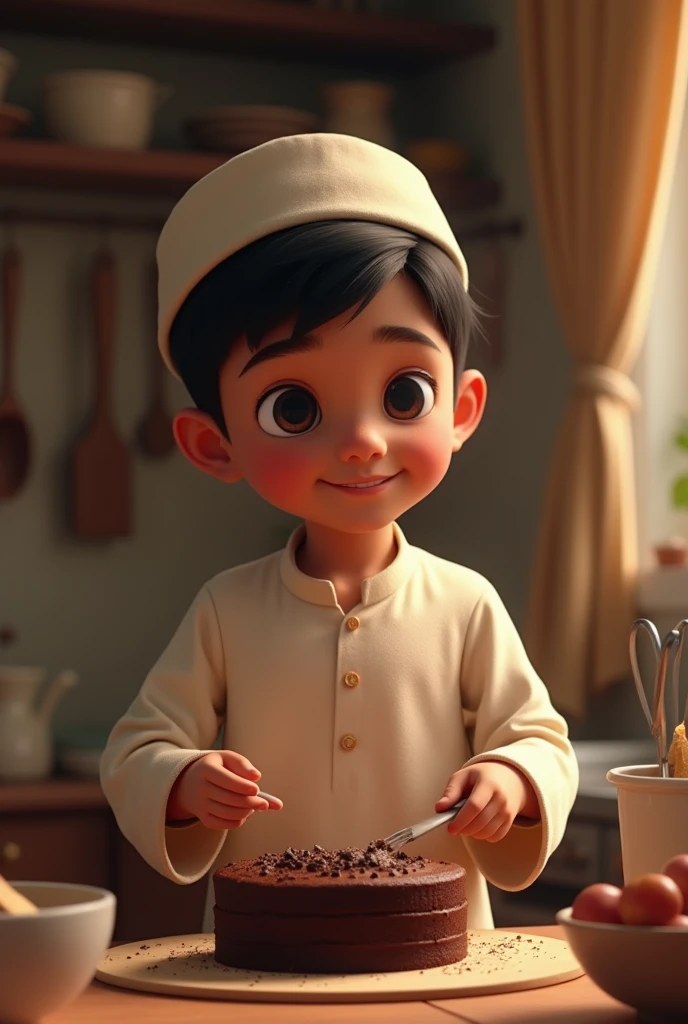 Bangladeshi Muslim boy 1
who making chocolate cake , looking to the camera