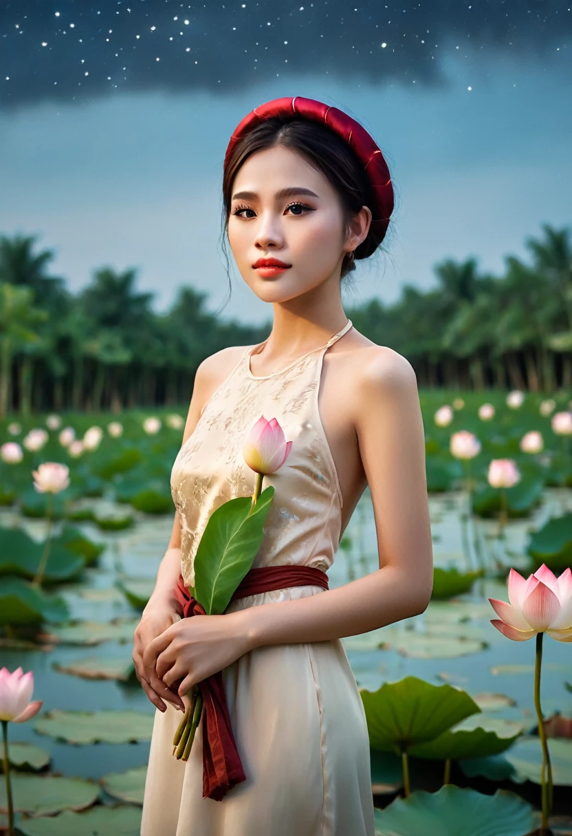 wide angle camera shot full body, ((night sky: 1.2)), fashion fairytale shot, high camera angle of beautiful Vietnamese girl inVietnamese girl wear aoyem, mung headband, gorgeous, sophisticated design, bold fashion, impressive figure, next to lotus pond scene, village, realistic details, extremely detailed, 8K, super realistic, dynamic pose, cinematic night lighting, low vivid, cinematic color tone, super detailed skin, wind blown, falling petals, ((night moon light lighting)), ((night sky))
