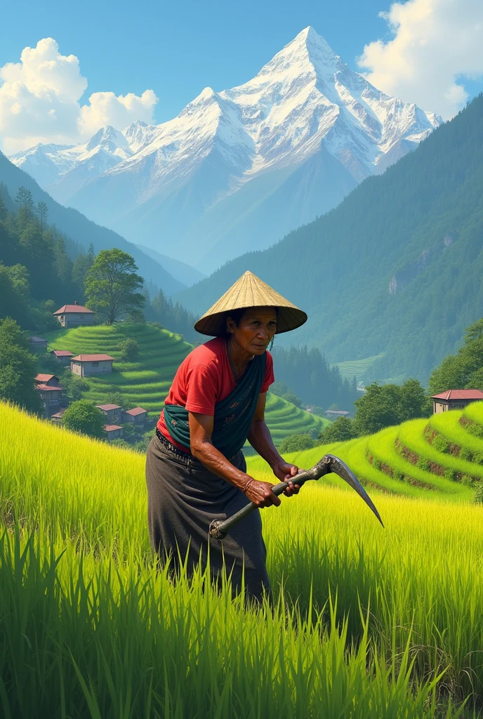 A lady farmer cotting grass in eastern nepal