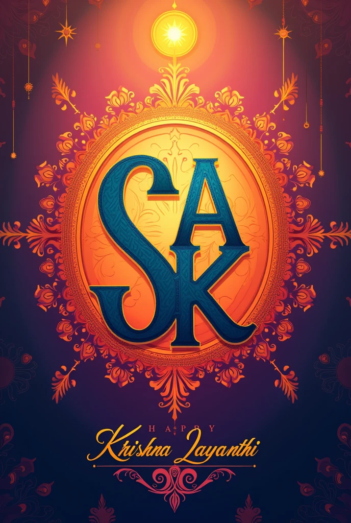Generate a image wishing happy Krishna jayanthi to letters S T A K , Middle part should contain the wish happy Krishna jayanthi and around it 4 the letters "S", "T","A","K". Make it beautiful. Use Only 4 LETTERS and use each letter only once. Don't add any human figures