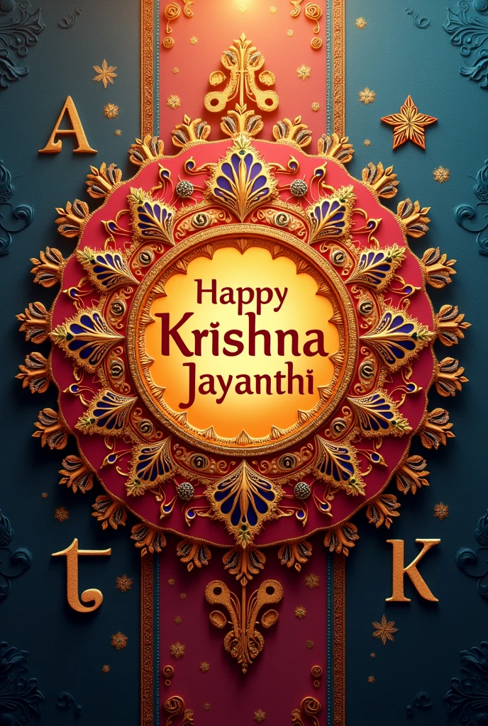 Generate a image wishing happy Krishna jayanthi to letters S T A K , Middle part should contain the wish happy Krishna jayanthi and around it 4 the letters "S", "T","A","K". Make it beautiful. Use Only 4 LETTERS and use each letter only once. Don't add any human figures