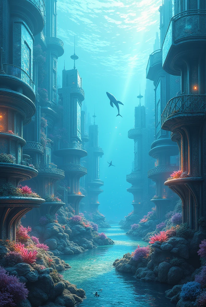 Visualize a sprawling underwater city that combines the beauty of natural oceanic formations with futuristic architecture. Picture buildings made from iridescent materials that reflect the surrounding marine life, with pathways lined by gently glowing sea plants. The city is bathed in a calm, soothing light, with large bubbles floating through the air and the occasional whale or dolphin passing by, adding to the tranquil, dreamlike ambiance