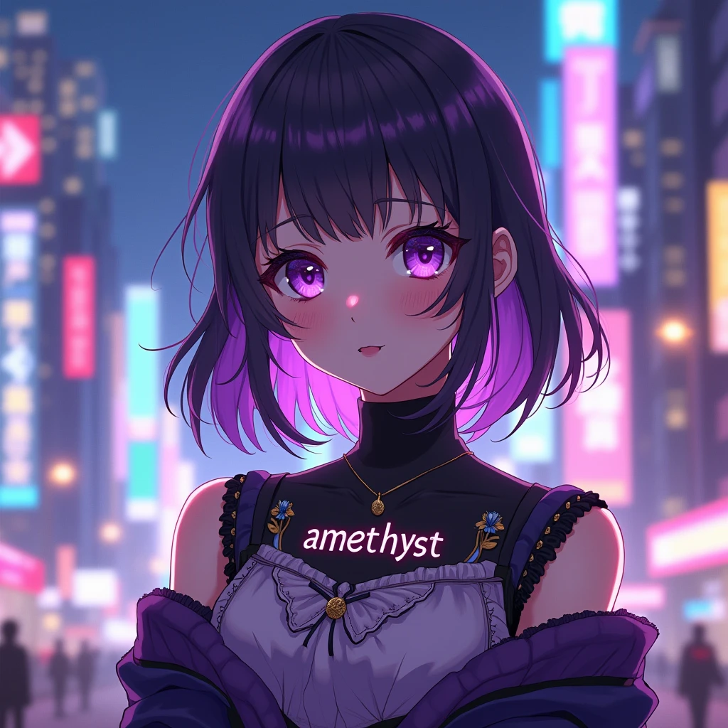 anime girl  is wearing aesthetic outfit with a text "amethyst" on her clothes, in citylights background