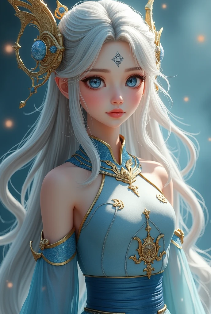 Most beautiful 6 Yo xianxia female protagonist,cold face, ultra realistic face,golden dominant fillamen and silver undertone long hair ,silver long hair,sea blue eyes,use majestic garmen with clear blue and silver dominant fillamen,tight clothes,big breast,golden pattern clothes,face detailed,lips detailed,thin red lips,golden rune scratch at fore head, held divine archmage staff,archmage staff detailed,forehead detailed,better quality, masterpiece,24K ultra hd,super beautiful detail,goddess featuring