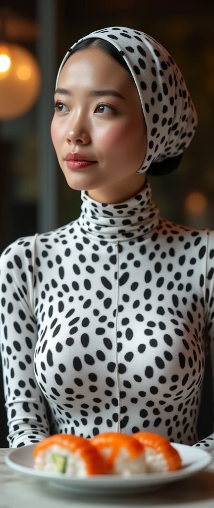 The most beautiful,thin,most pretty and clever Asian muslimah adult girl wears white leopard print lycra turtleneck unitard catsuit covered with spots.She always wear white leopard print lycra dancewear stretchy square hijab covered with many spots.She is smelling a sushi on the table.