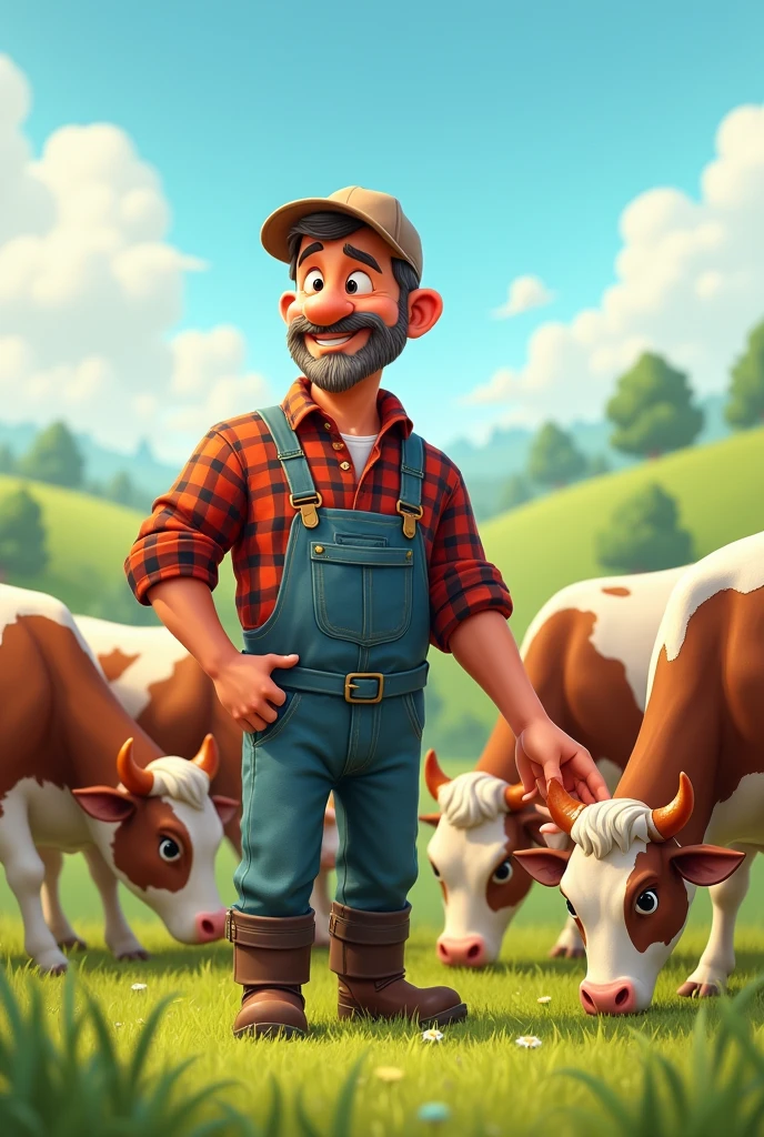 There are many cows in the pasture. There is a handsome middle-aged man wearing a vintage farmer&#39;s uniform. He is holding grass and preparing to feed the cows for dinner. Cartoon version

