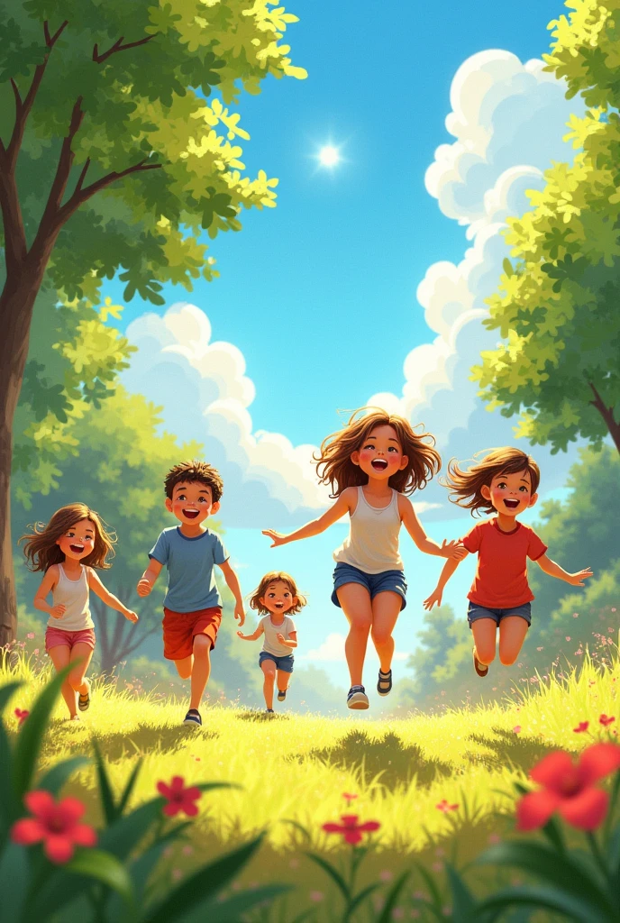 Picture of summer with hot sun ,and hot breeze and kids playing 
