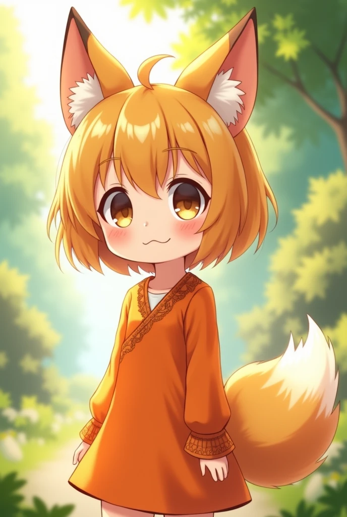Cute anime girl have a fox ear wearing an orange outfit.