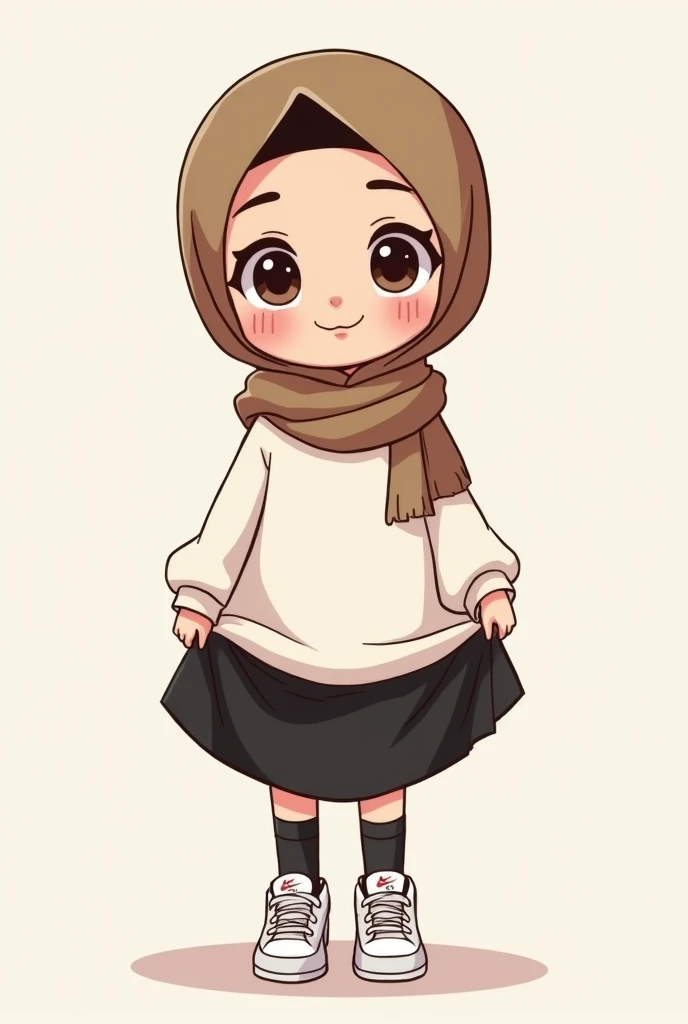 Cartoon with text: 
Cute and adorable face, big detailed eyes, Cute little cartoon girl, with brown hijab on, wearing oversized white shirt, black skirt, black socks, air force sneakers, pulling up her skirt, upskirt, exposed legs, white underwear 