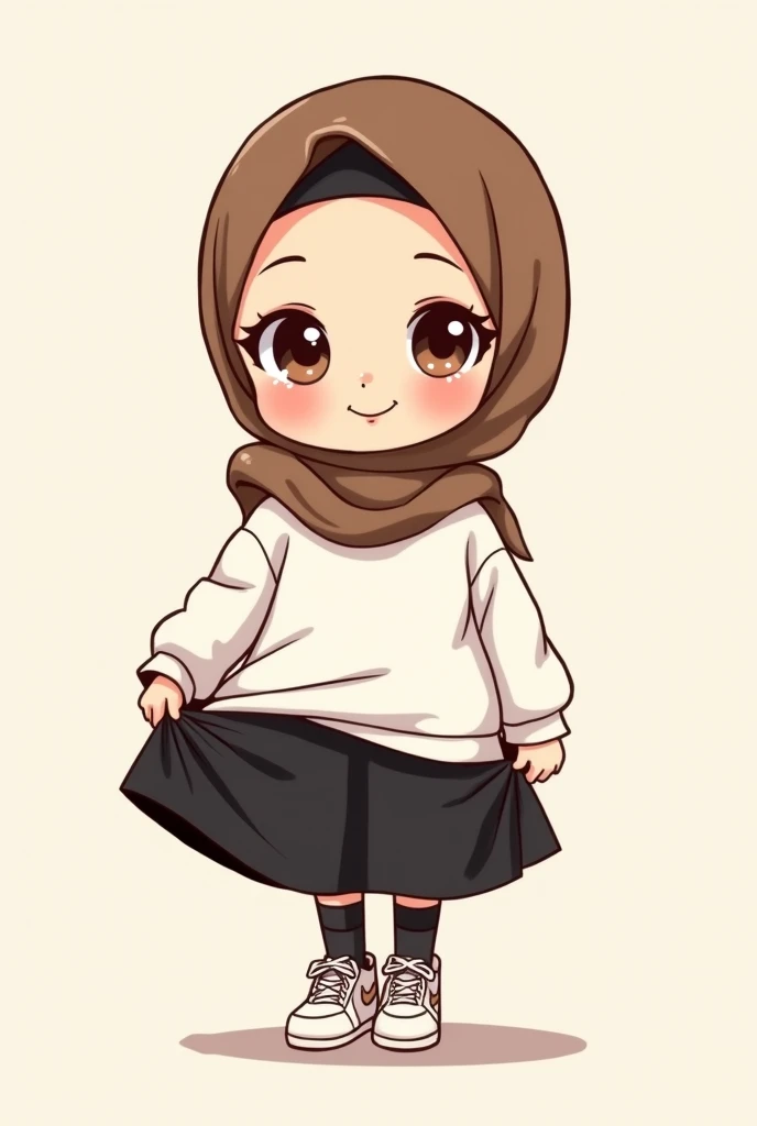 Cartoon with text:
Cute and adorable face, big detailed eyes, Cute little cartoon girl, with brown hijab on, wearing oversized white shirt, black skirt, black socks, air force sneakers, pulling up her skirt, upskirt, exposed legs, white underwear