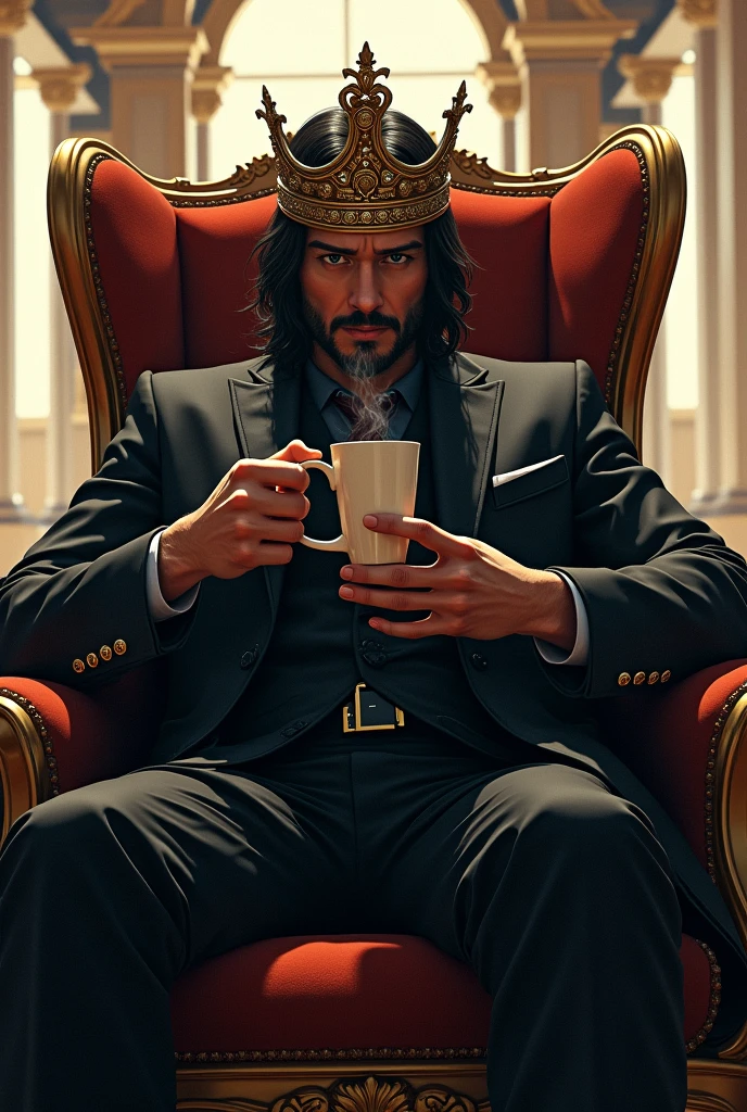 John wick as king with coffee in his hands sitting in a mansion