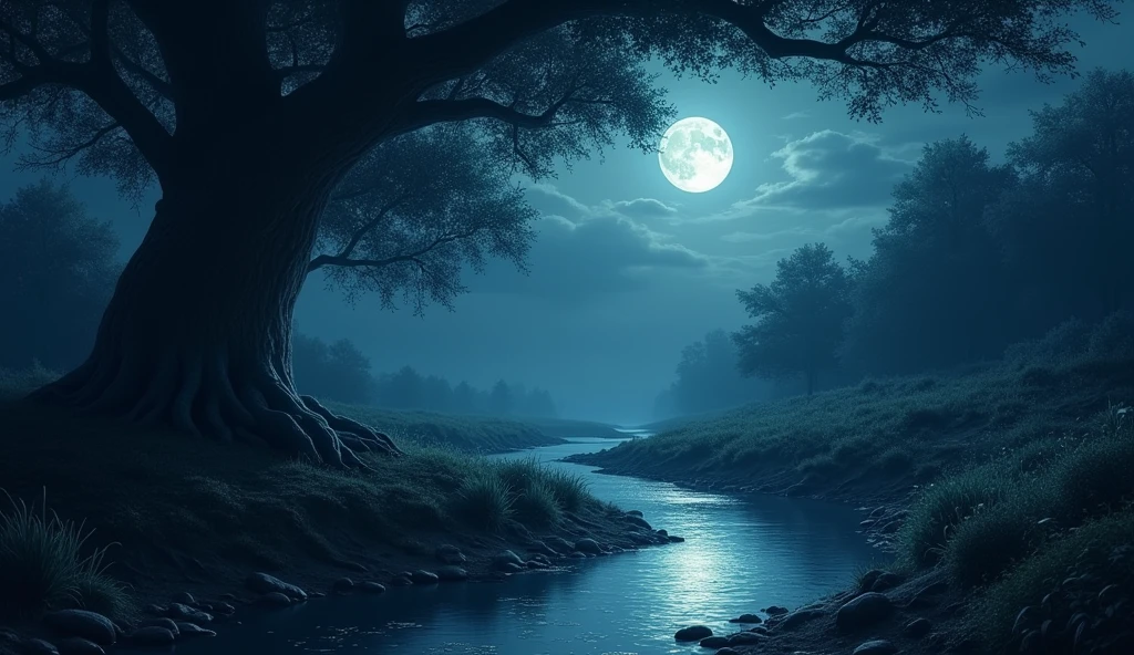 Moon, night, stream, big tree