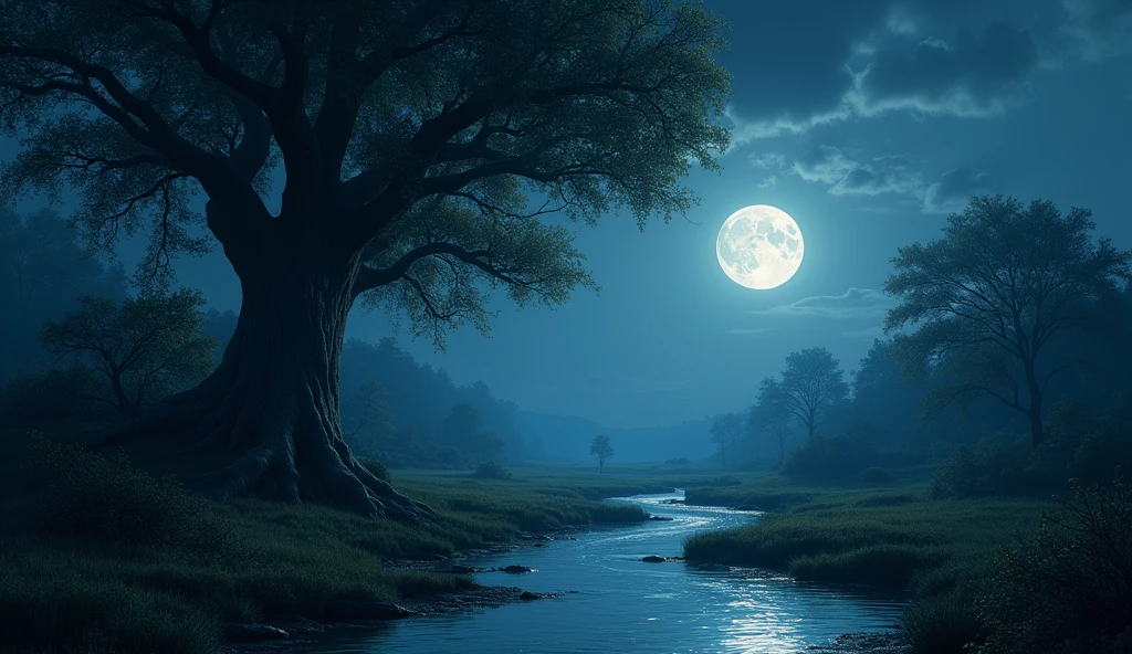 Moon, night, stream, big tree